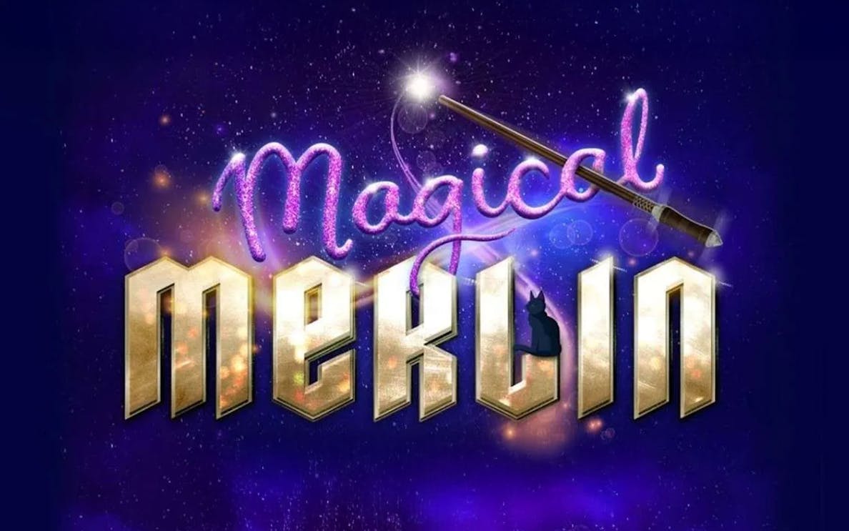 Magical Merlin text with wand and starry background