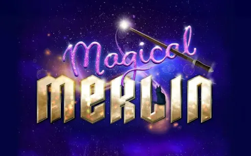 Magical Merlin text with wand and starry background