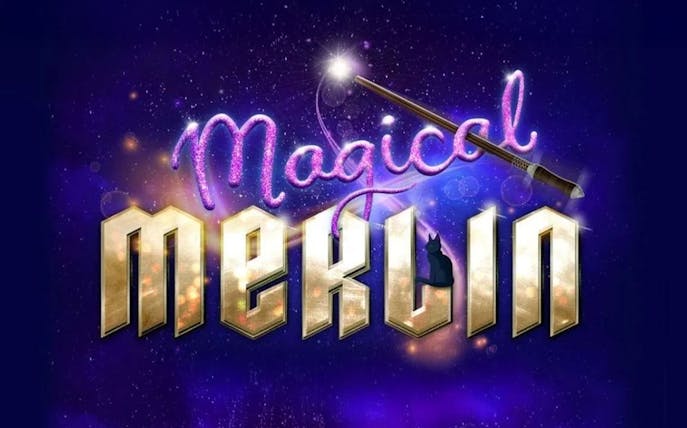 Magical Merlin text with wand and starry background