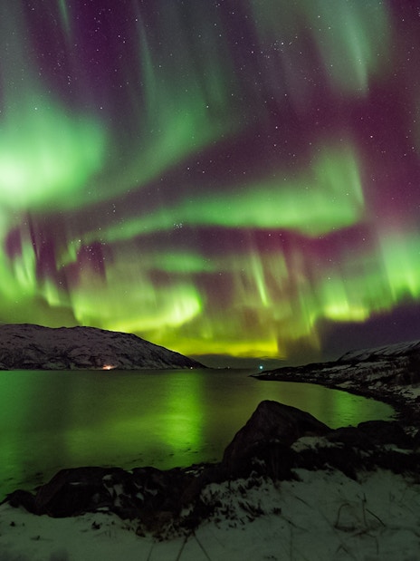 Northern Lights over snowy landscape and water in Norway.