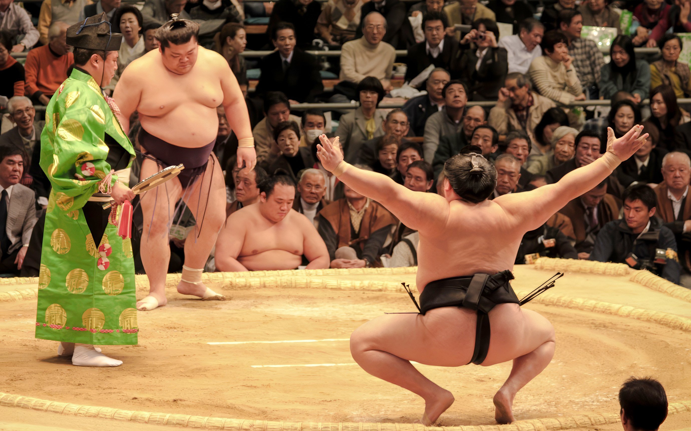 Sumo wrestlers face off in a Tokyo tournament ring, surrounded by an audience.