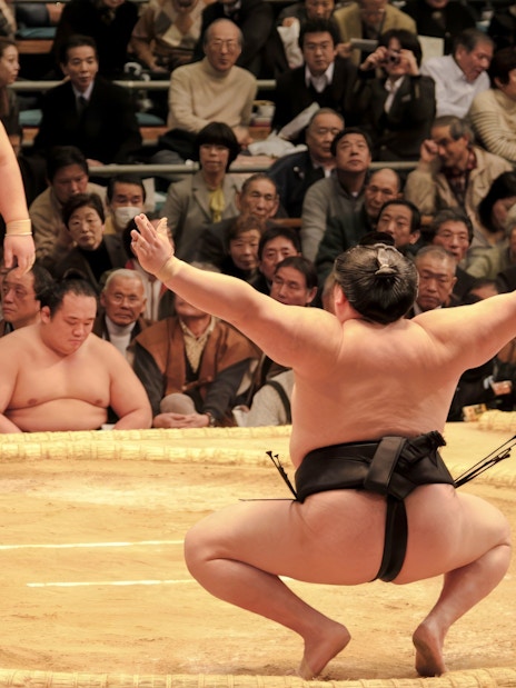 Sumo wrestlers face off in a Tokyo tournament ring, surrounded by an audience.