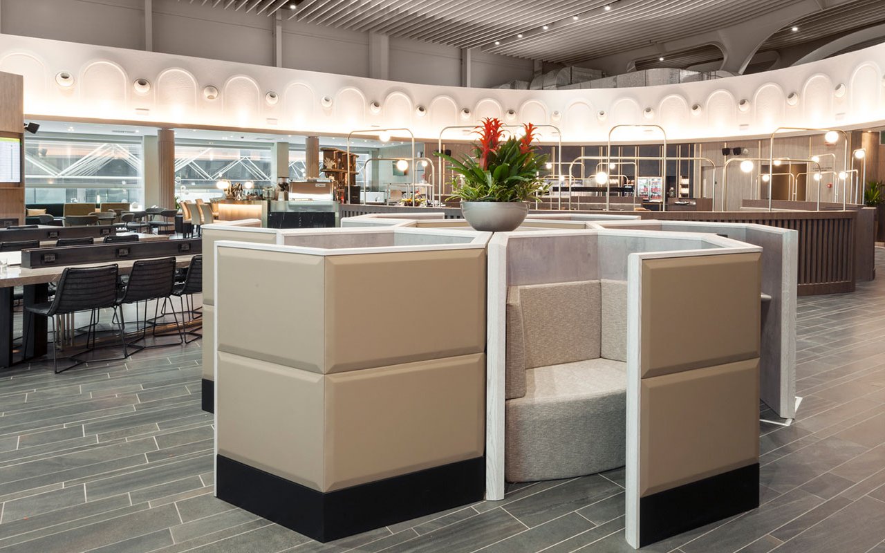 Plaza Premium Lounge seating area at Leonardo da Vinci-Fiumicino Airport Terminal 1.