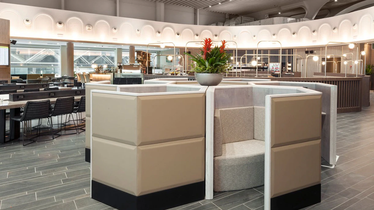 Plaza Premium Lounge seating area at Leonardo da Vinci-Fiumicino Airport Terminal 1.