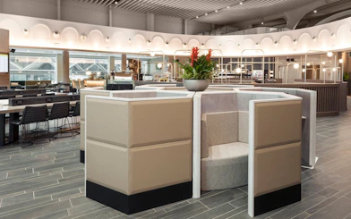 Plaza Premium Lounge seating area at Leonardo da Vinci-Fiumicino Airport Terminal 1.