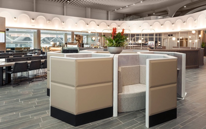 Plaza Premium Lounge seating area at Leonardo da Vinci-Fiumicino Airport Terminal 1.