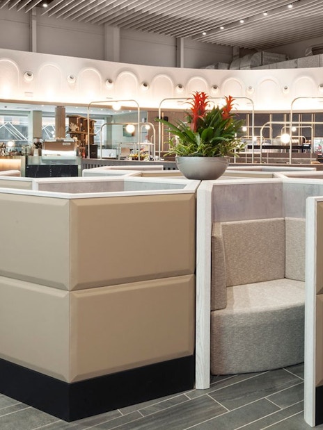 Plaza Premium Lounge seating area at Leonardo da Vinci-Fiumicino Airport Terminal 1.