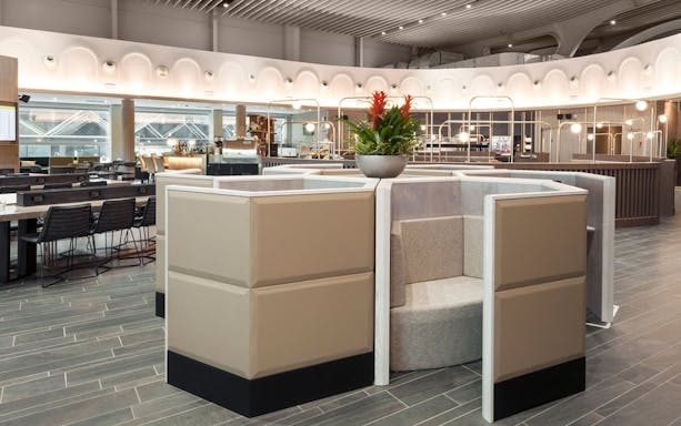 Plaza Premium Lounge seating area at Leonardo da Vinci-Fiumicino Airport Terminal 1.