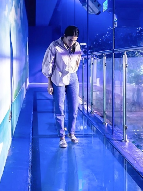 Visitor walking on glass floor at National Aquarium Abu Dhabi.