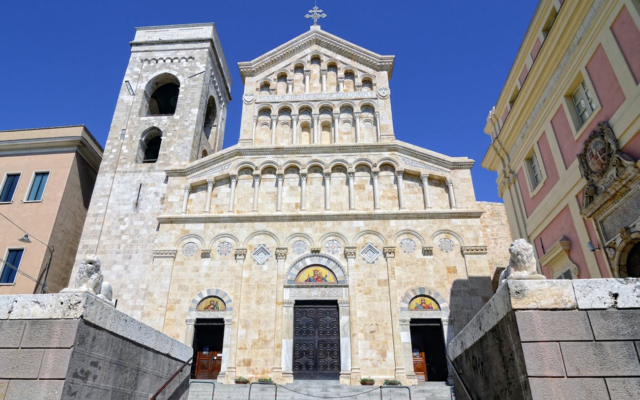 Cagliari Cathedral facade on a sunny day, part of the 1.5-Hr Guided Tour of Underground Cagliari.