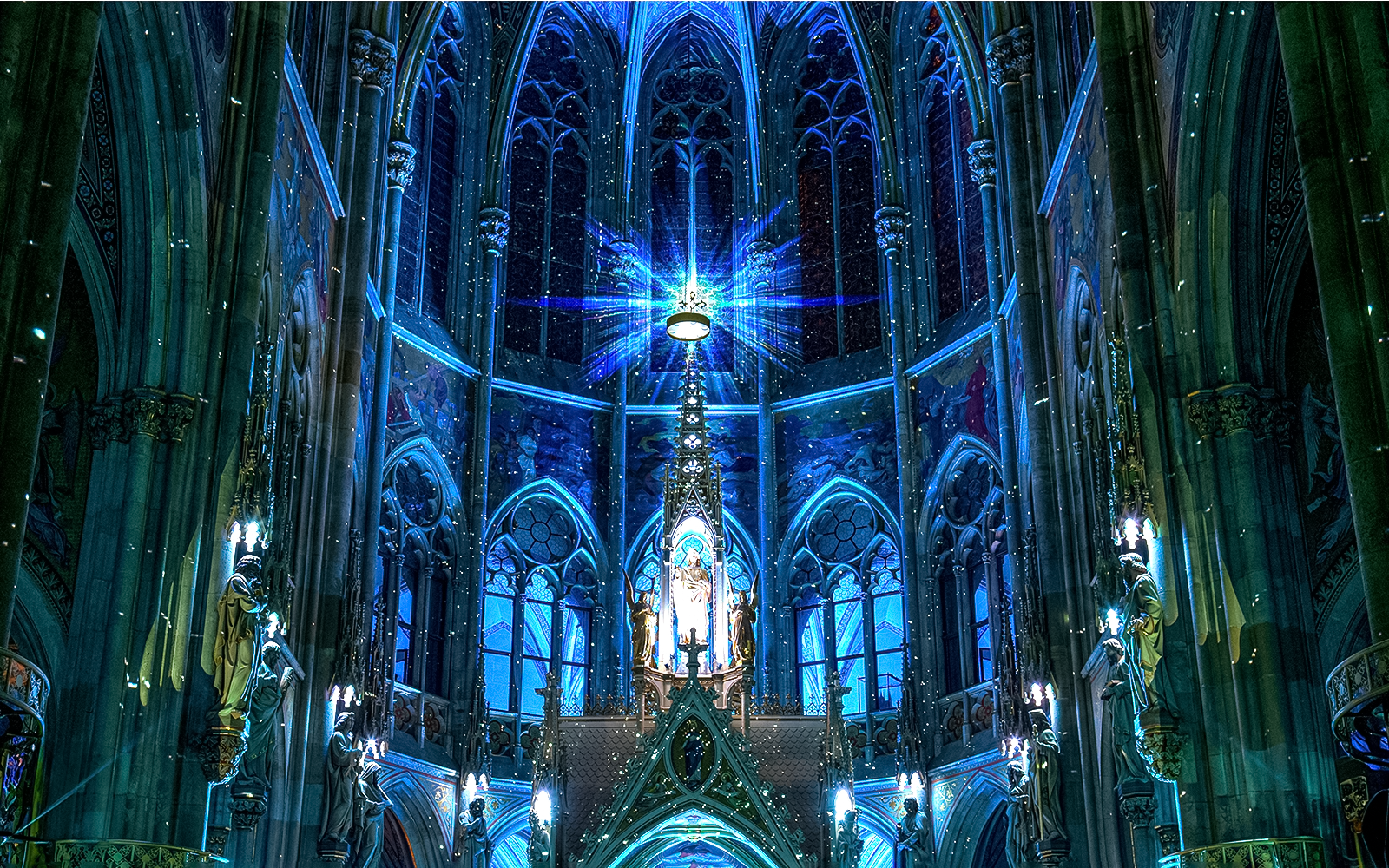 Votivkirche interior with blue lighting and ornate stained glass, Vienna.