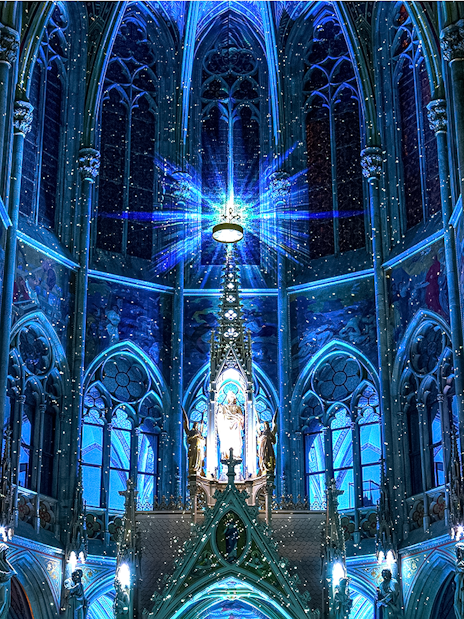 Votivkirche interior with blue lighting and ornate stained glass, Vienna.