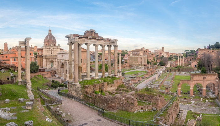 Views of Roman Forum from Palatine Hill, Rome, showcasing ancient ruins and historical landmarks.