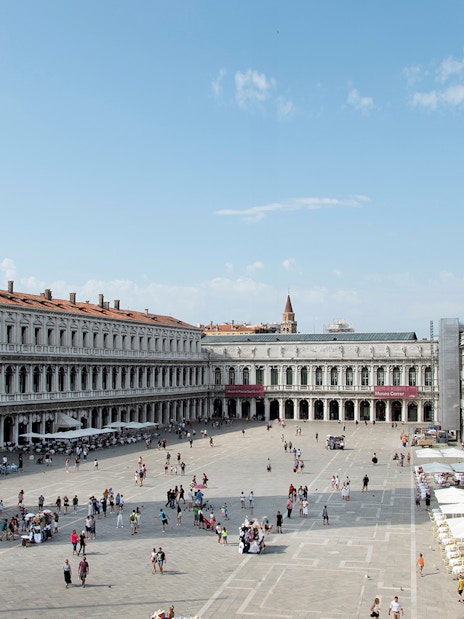 Aerial view of St. Mark's Square and Royal Palace Museum in Venice, Italy.