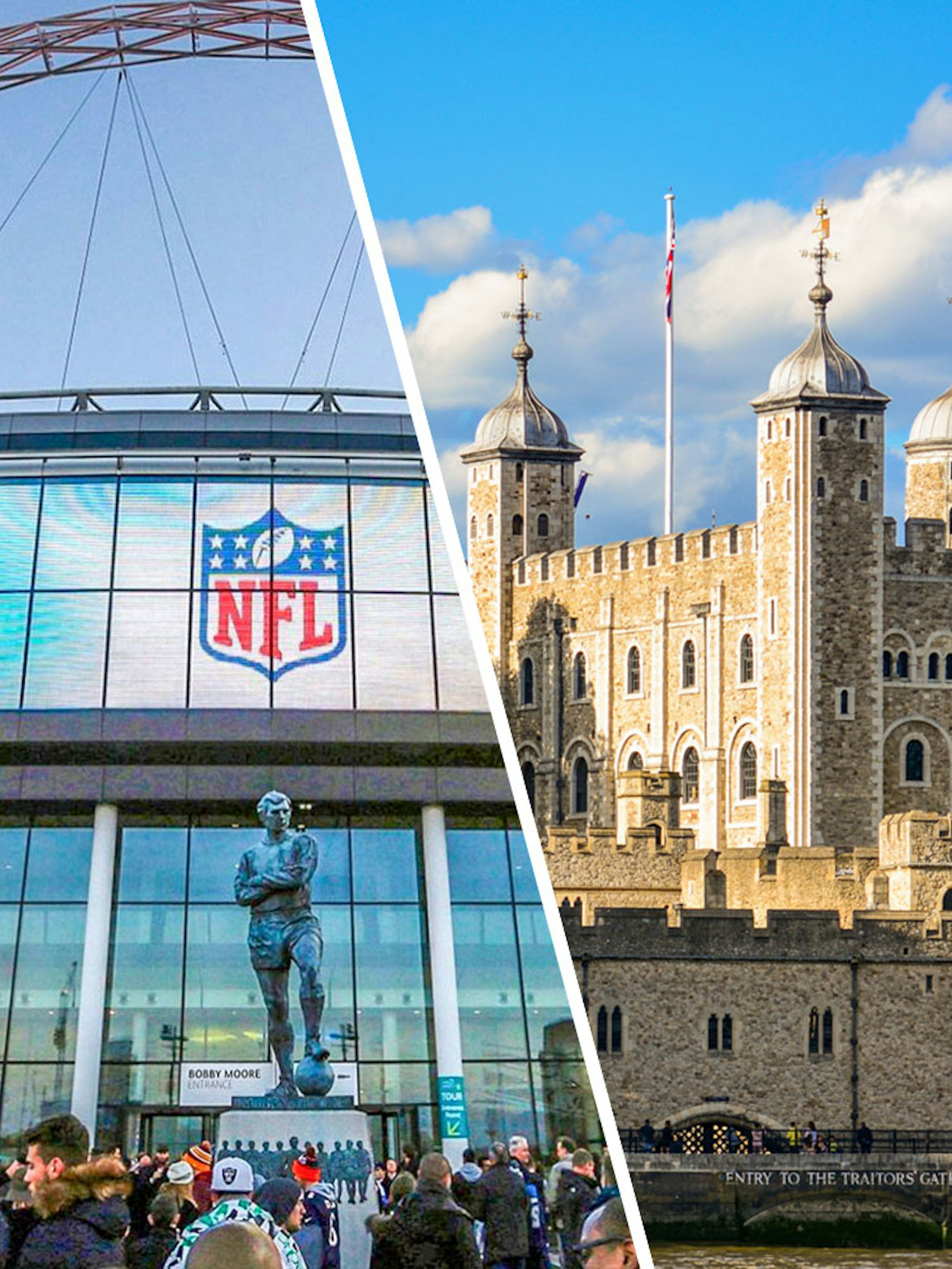 Wembley Stadium exterior with NFL logo and Tower of London view.