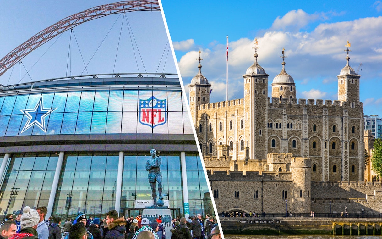 Wembley Stadium exterior with NFL logo and Tower of London view.