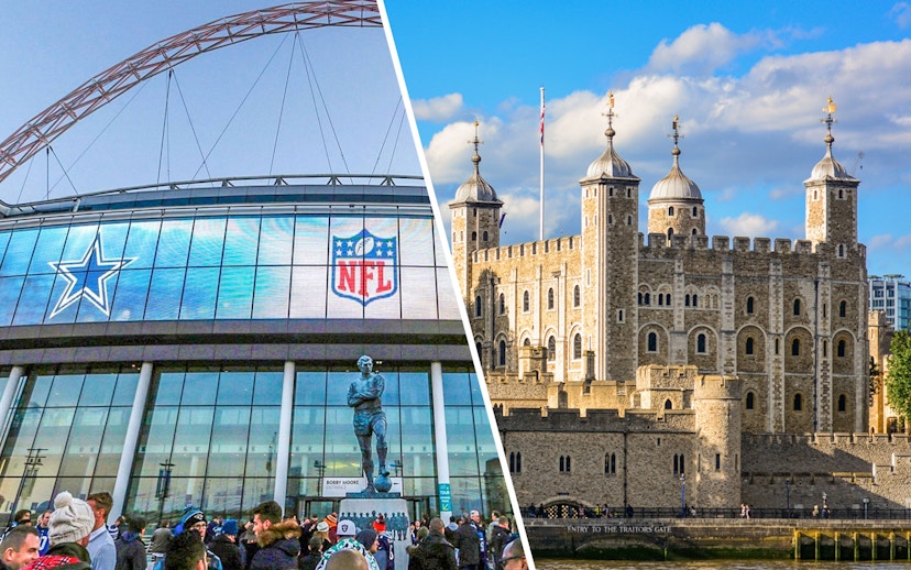 Wembley Stadium exterior with NFL logo and Tower of London view.