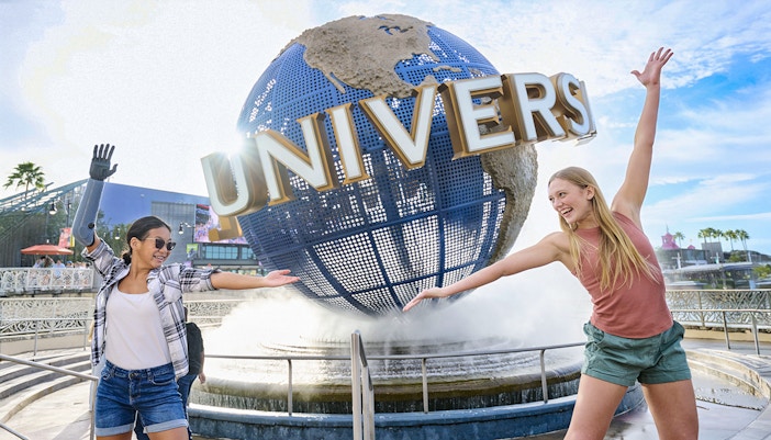 Guests in front of Universal globe and fountain at Universal Studios Orlando, Florida.