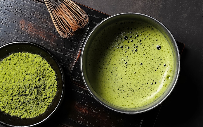 Close-up of matcha powder and whisk next to a bowl of frothy matcha tea.