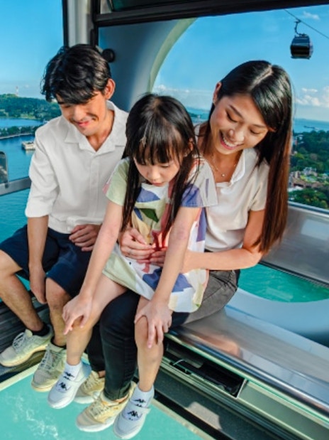 Family enjoying the view from the Sky Orb ride over the water.