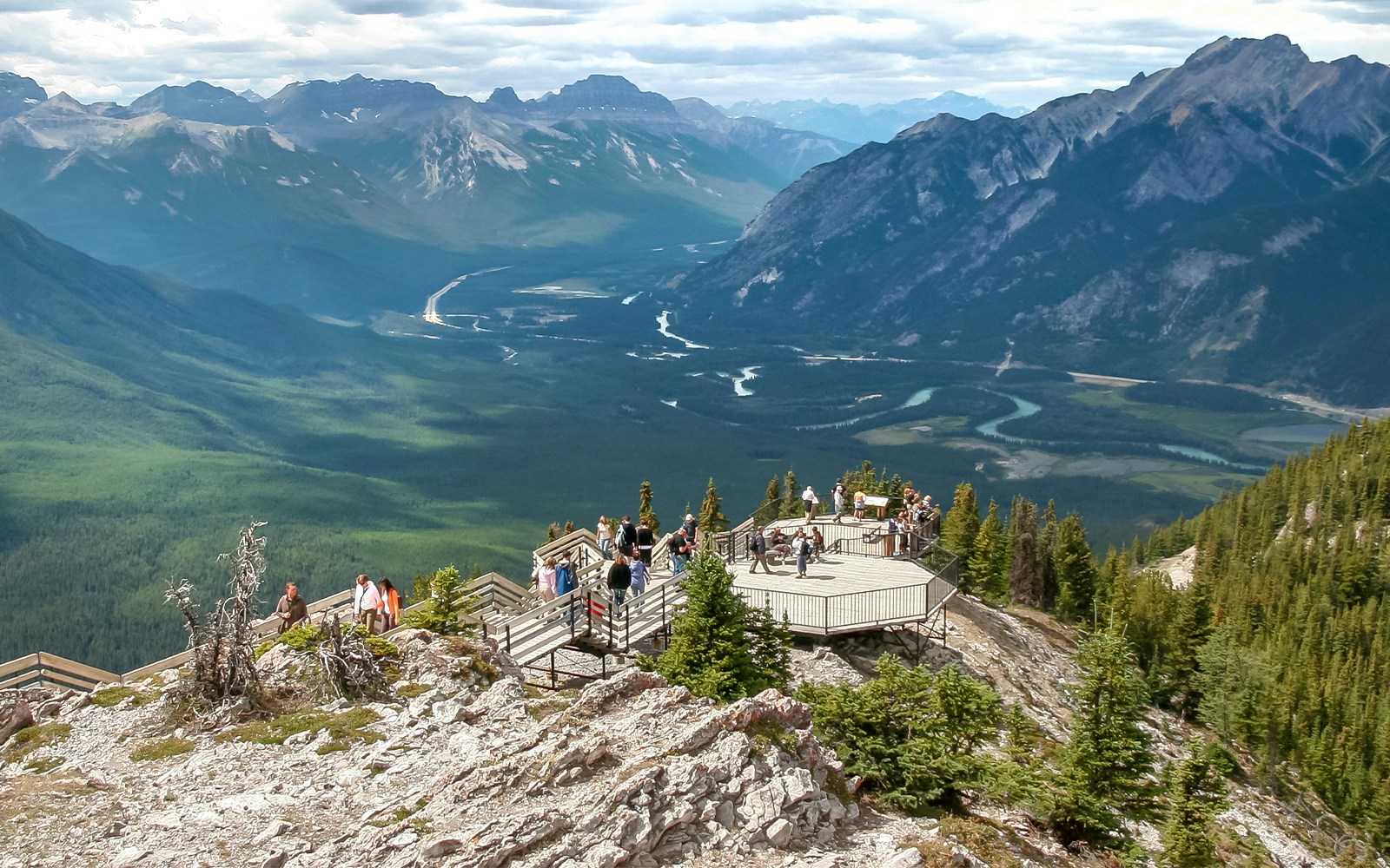 Viewing platform overlooking mountains and river near Banff, Alberta.