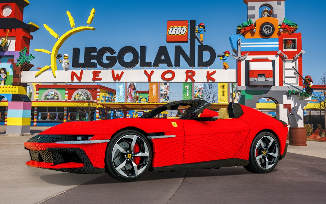 Lego Ferrari model at Legoland New York entrance.