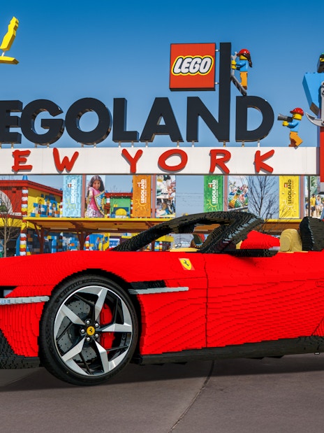 Lego Ferrari model at Legoland New York entrance.