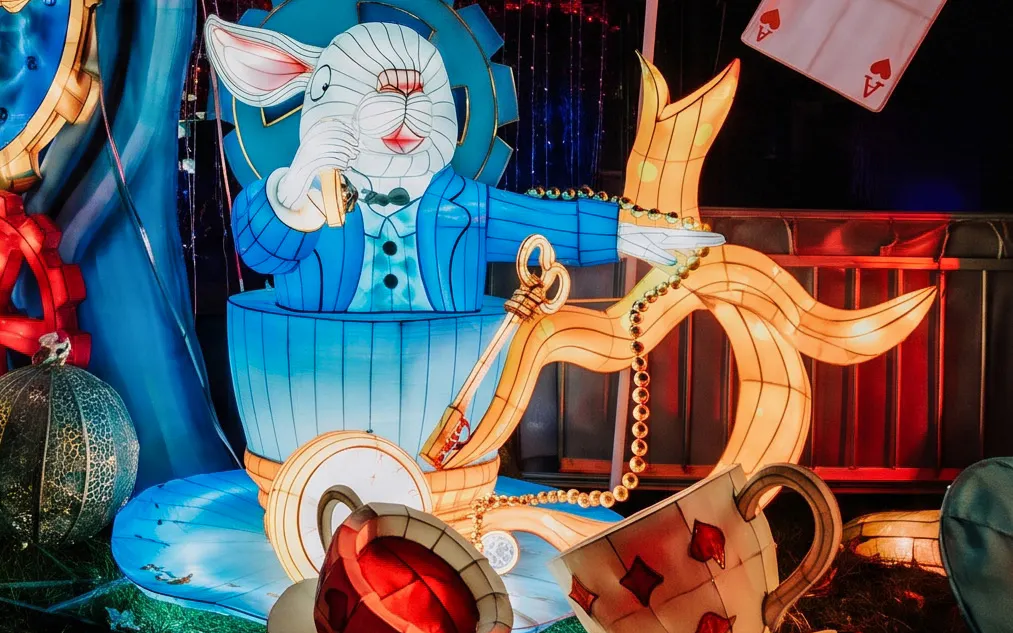 White rabbit lantern display at Lumina Light Park, Wonderworld, Budapest.