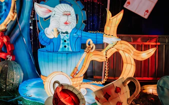 White rabbit lantern display at Lumina Light Park, Wonderworld, Budapest.