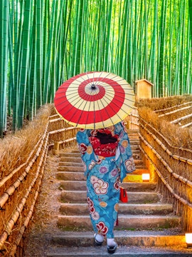 Person in kimono with umbrella walking through Arashiyama Bamboo Grove, Kyoto.