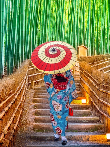 Person in kimono with umbrella walking through Arashiyama Bamboo Grove, Kyoto.