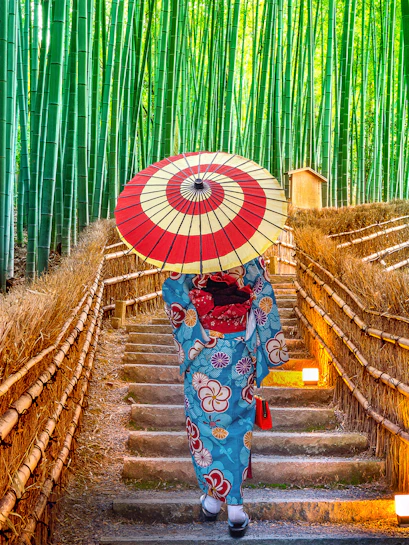Person in kimono with umbrella walking through Arashiyama Bamboo Grove, Kyoto.