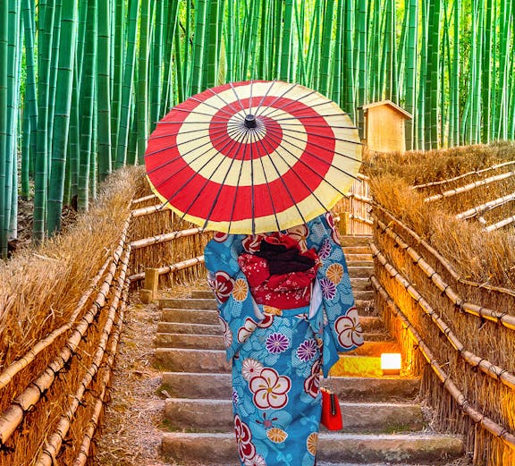 Person in kimono with umbrella walking through Arashiyama Bamboo Grove, Kyoto.