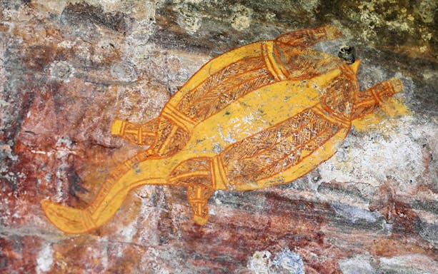 Aboriginal rock art of a turtle in Kakadu National Park, Australia.