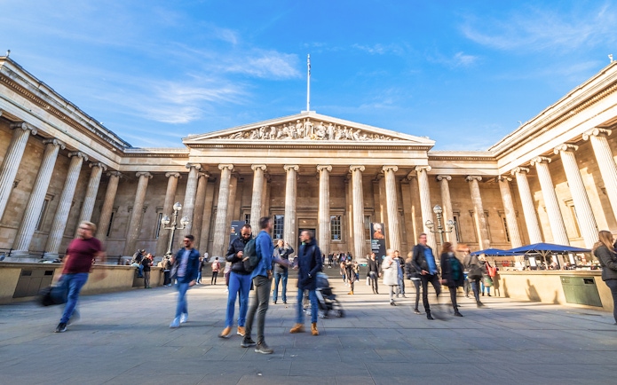 Visitors walking outside the British Museum in London.
