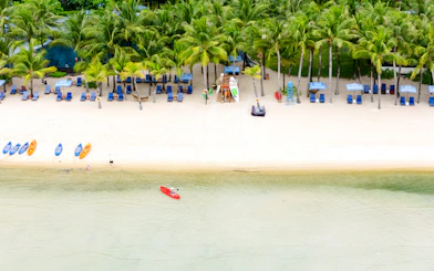 Beachfront with kayaks and lounge chairs under palm trees, Phu Quoc Sunset Tour.