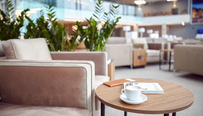 Cozy lounge with armchairs, coffee table, and plants.