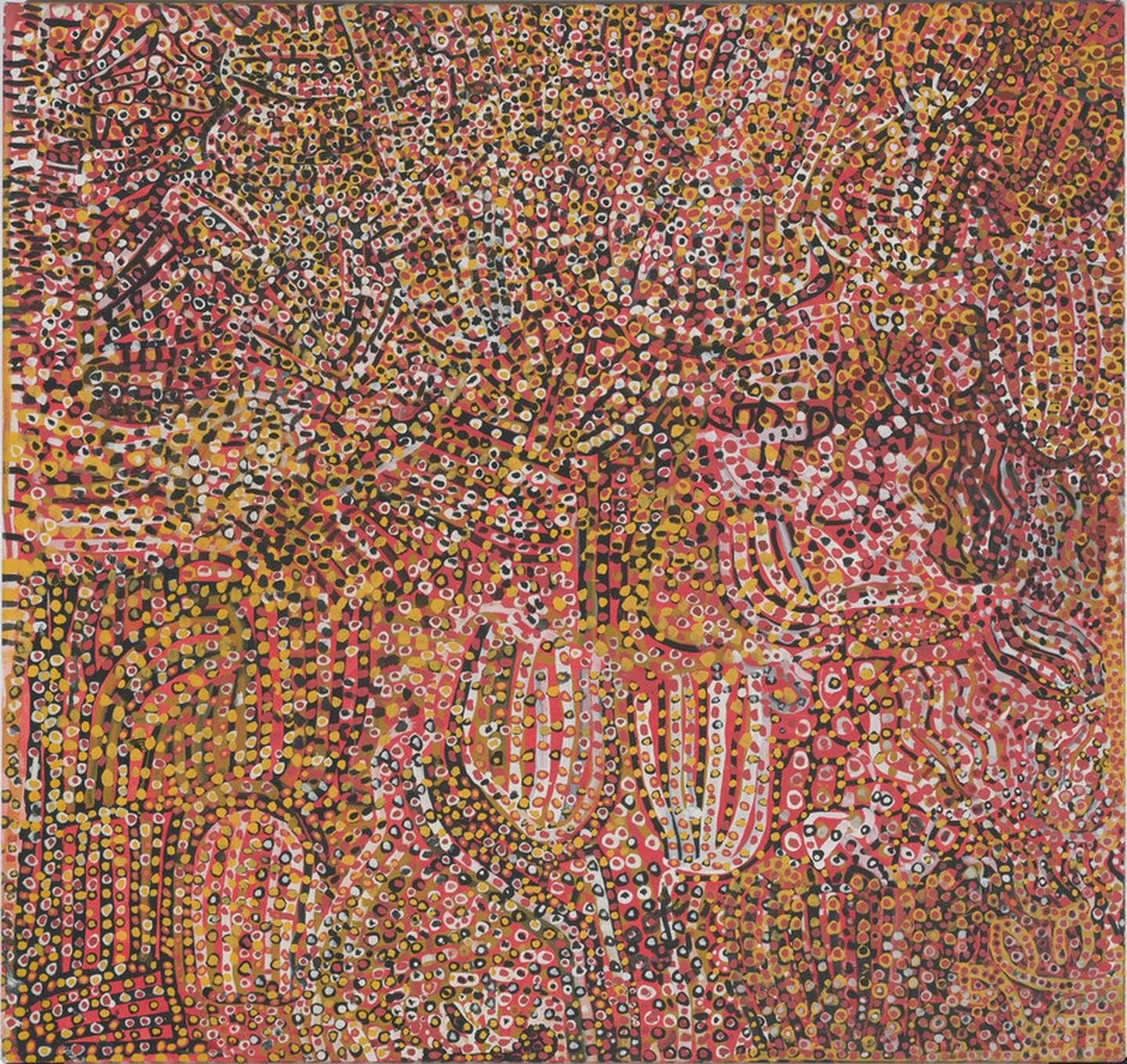 Abstract dot painting by Emily Kame Kngwarreye at Tate Modern, featuring vibrant patterns.