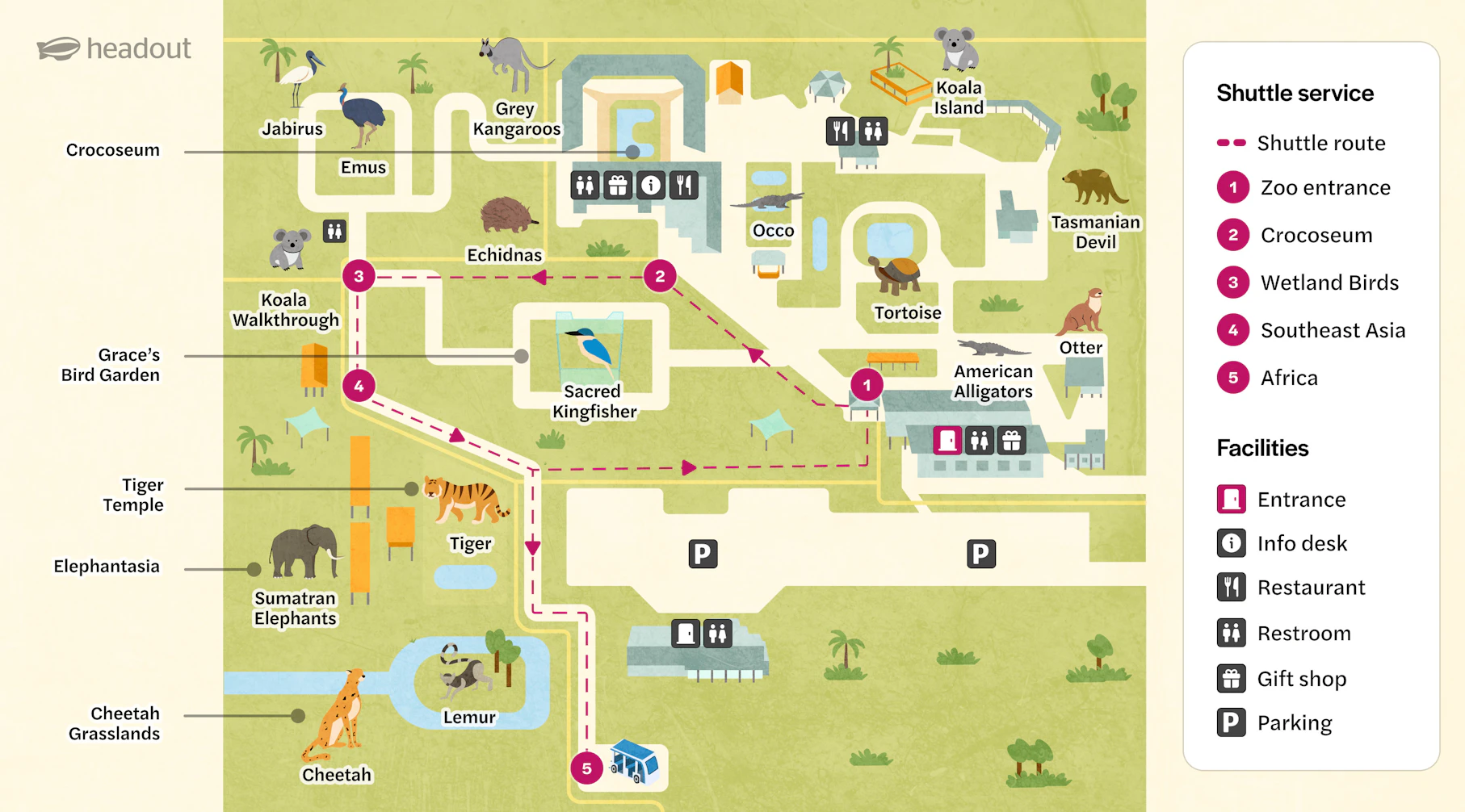 Australia Zoo park map highlighting zones and attractions.