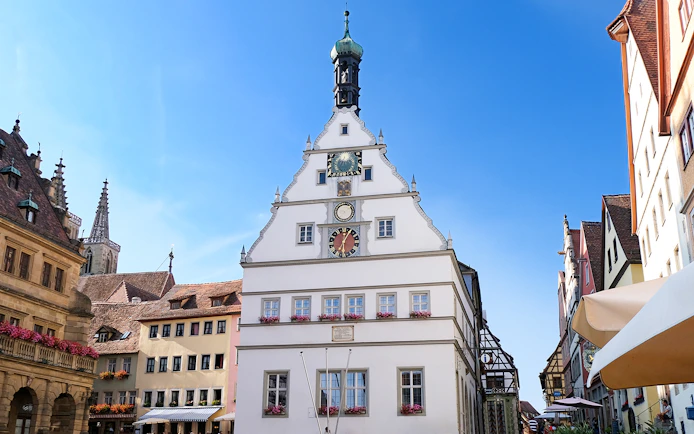 Rothenburg town hall with clock tower on Romantic Road, Germany.
