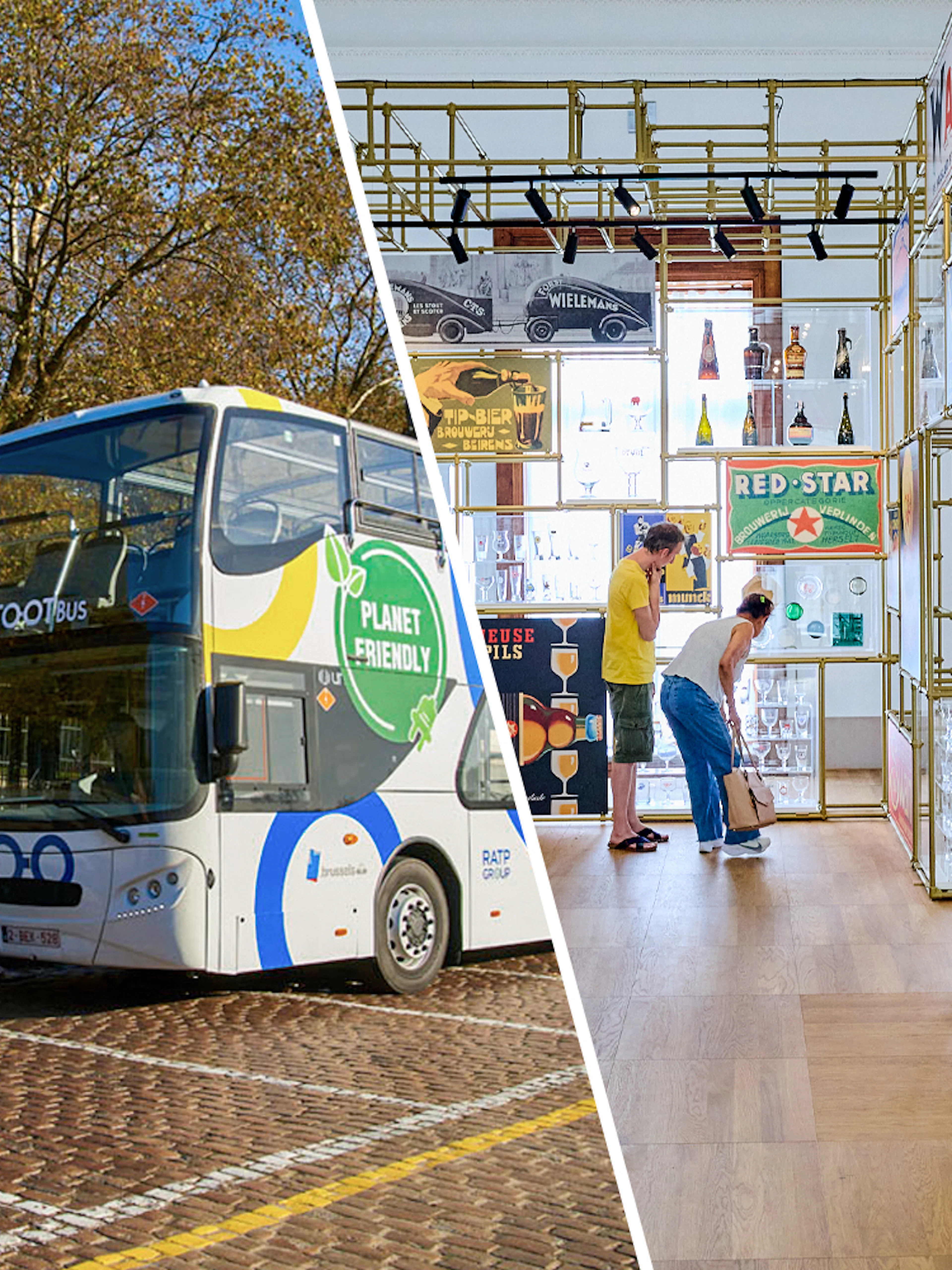 Tourists boarding a bus in Brussels and exploring Belgian Beer World exhibits.