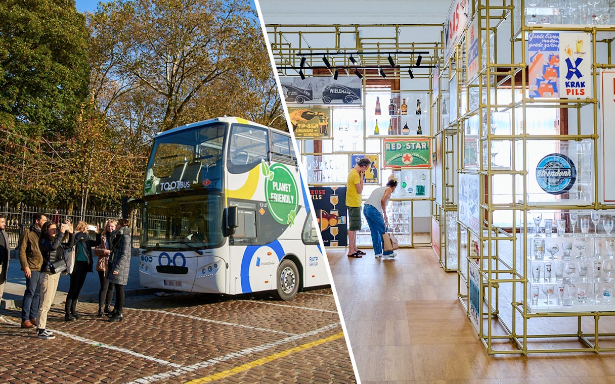 Tourists boarding a bus in Brussels and exploring Belgian Beer World exhibits.