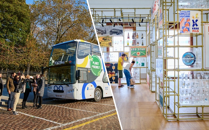 Tourists boarding a bus in Brussels and exploring Belgian Beer World exhibits.