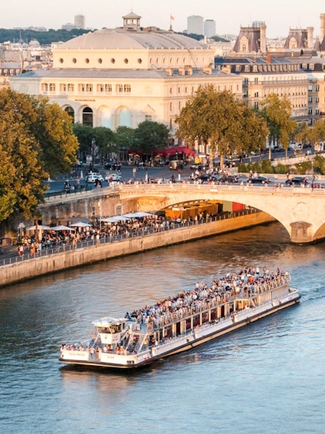 Seine River cruise boat passing under a bridge in Paris, France, with cityscape in the background.