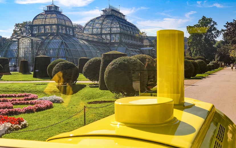 Panorama Train view of Schönbrunn Palace gardens and Palm House, Vienna.