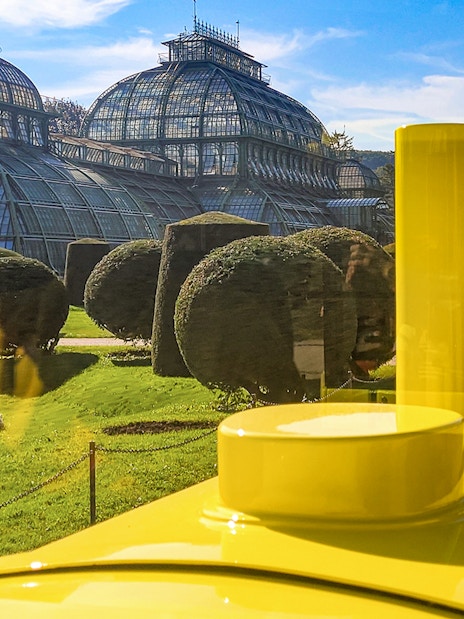 Panorama Train view of Schönbrunn Palace gardens and Palm House, Vienna.