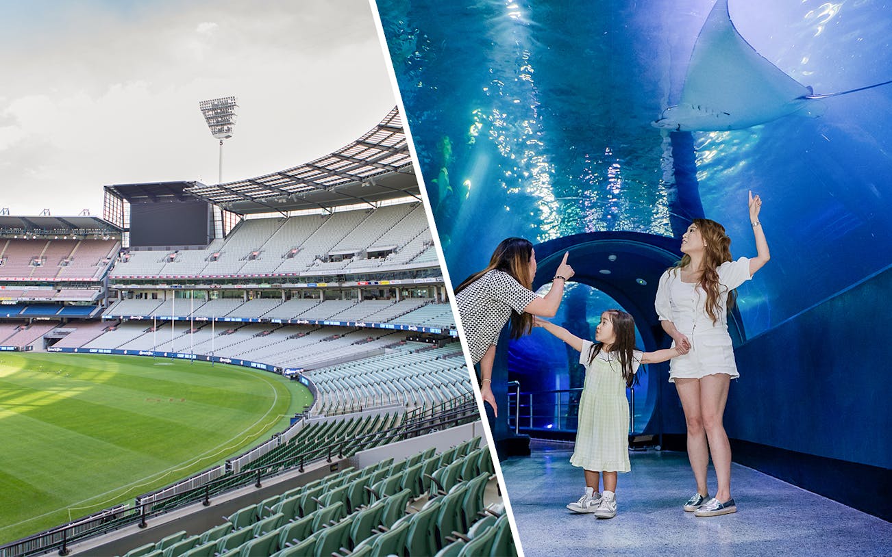 MCG stadium seating and family observing stingray at SEA LIFE Melbourne Aquarium.