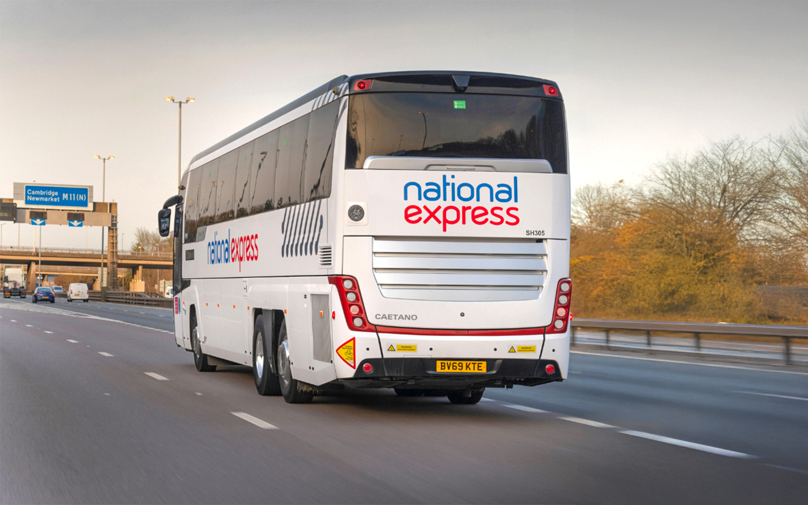 National Express bus on highway near London Victoria Station.