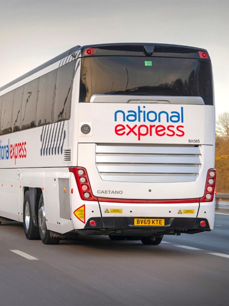 National Express bus on highway near London Victoria Station.