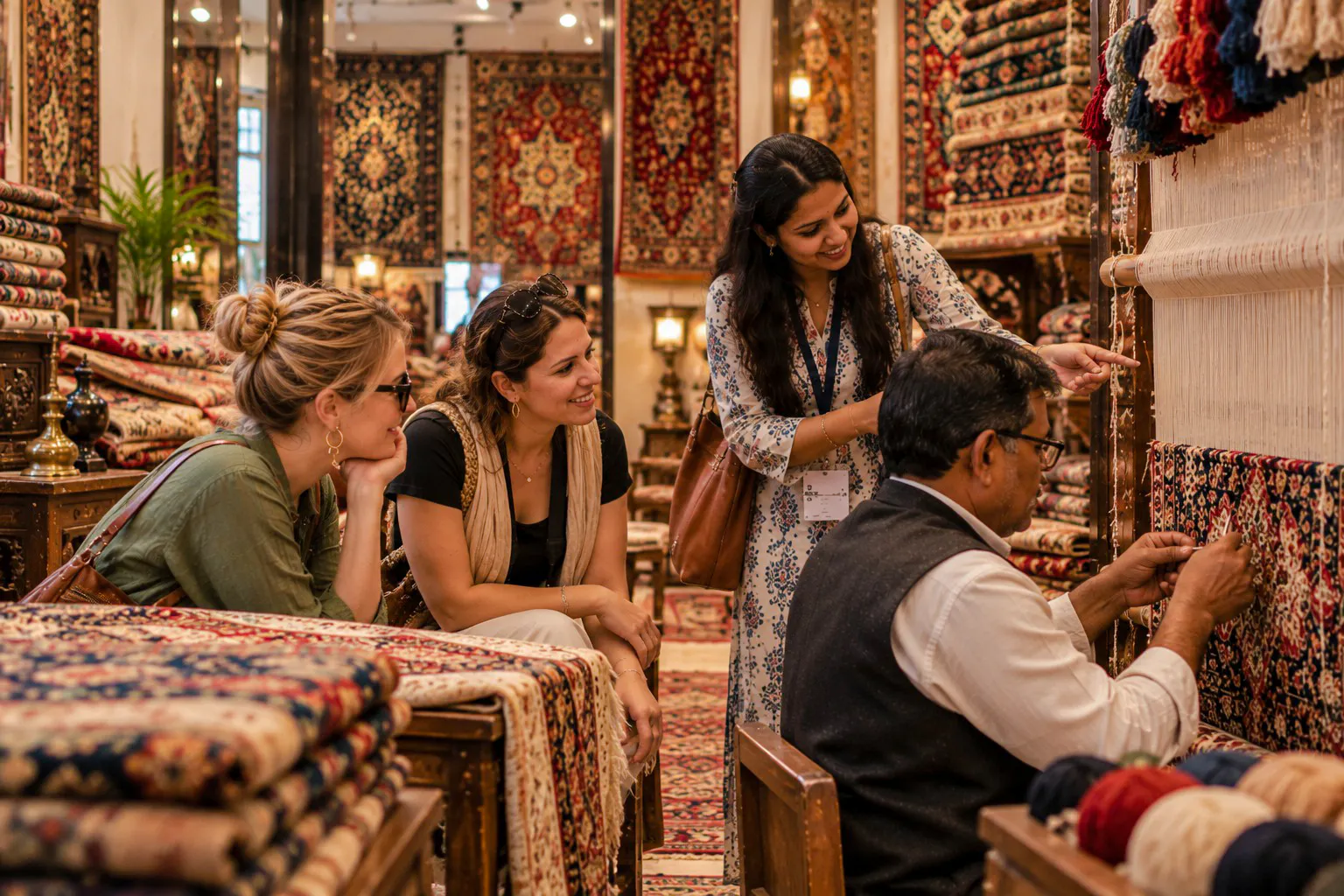 Artisan demonstrating carpet weaving to tourists in Agra workshop.